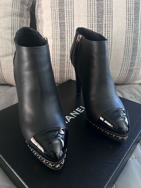 CHANEL Black Leather Peep-Toe Ankle Booties with Patent Cap Toe